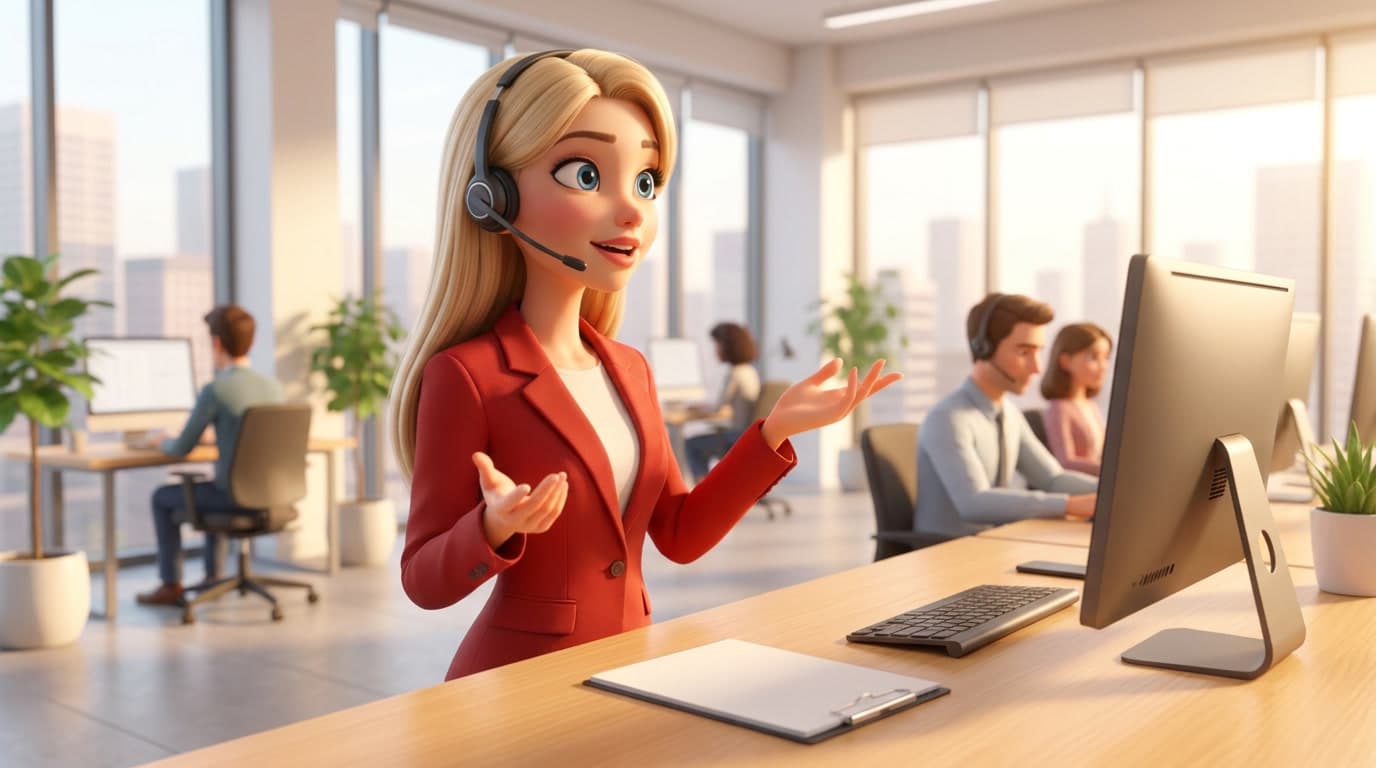Med headset på og begge hender løftet snakker en kvinne i rød blazer ved et skrivebord med skjerm, i en illustrasjon fra et lyst kontorlandskap.