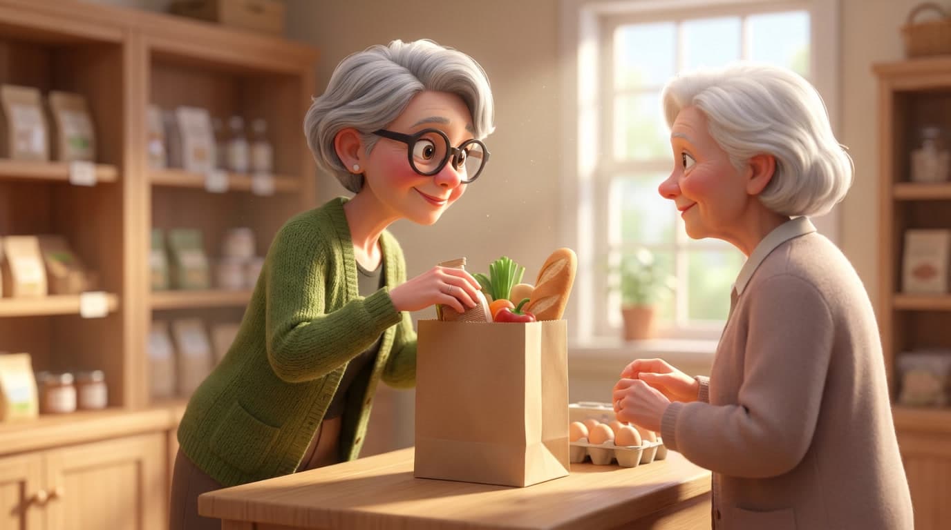 Over en trebenk pakker en kvinne i grønn strikkejakke grønnsaker og baguette i en papirpose mens en annen kvinne ser på, i en varm illustrasjon.