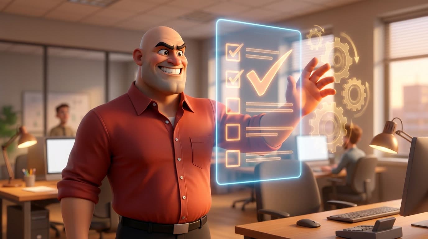 Smilende mann i rød skjorte strekker hånden forbi en lysende avkrysningsliste i et hologram mot tannhjul bak, i en illustrasjon fra et åpent kontorlandskap.