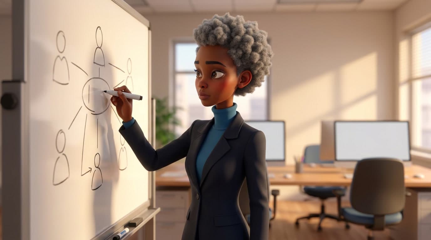 Teamsamarbeid: illustrasjon der en kvinne i mørk dressjakke tegner et diagram med figurer og piler på en whiteboard i et lyst kontorlandskap.