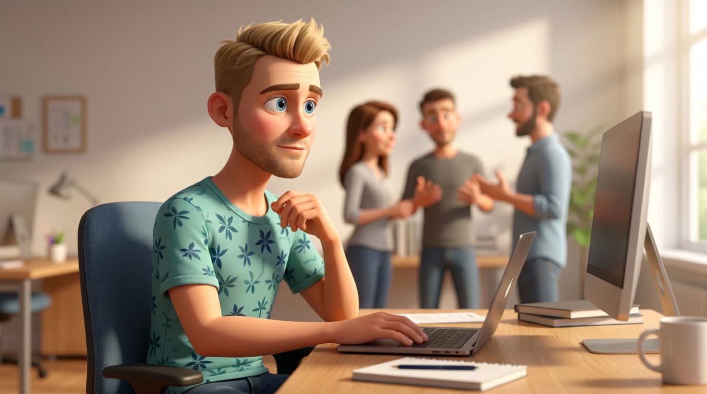 Emosjonell intelligens: illustrasjon der en mann sitter ved en laptop på kontoret med hånden mot haken og ser mot tre kolleger som samtaler i bakgrunnen.