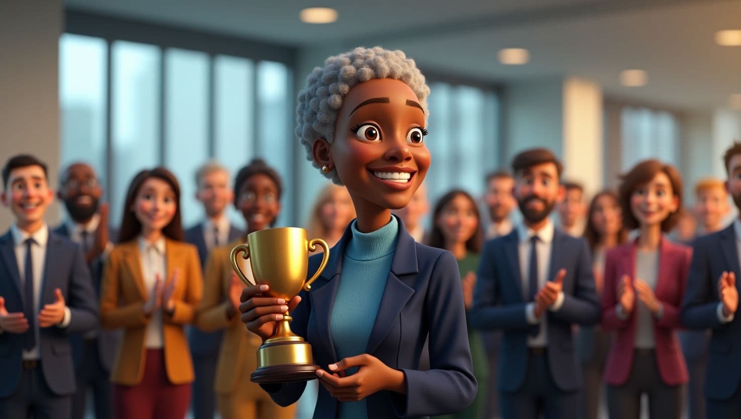 HR til leie: illustrasjon der en smilende kvinne i blå dressjakke holder et gullpokal foran en gruppe applauderende kolleger i et lyst kontorlokale.