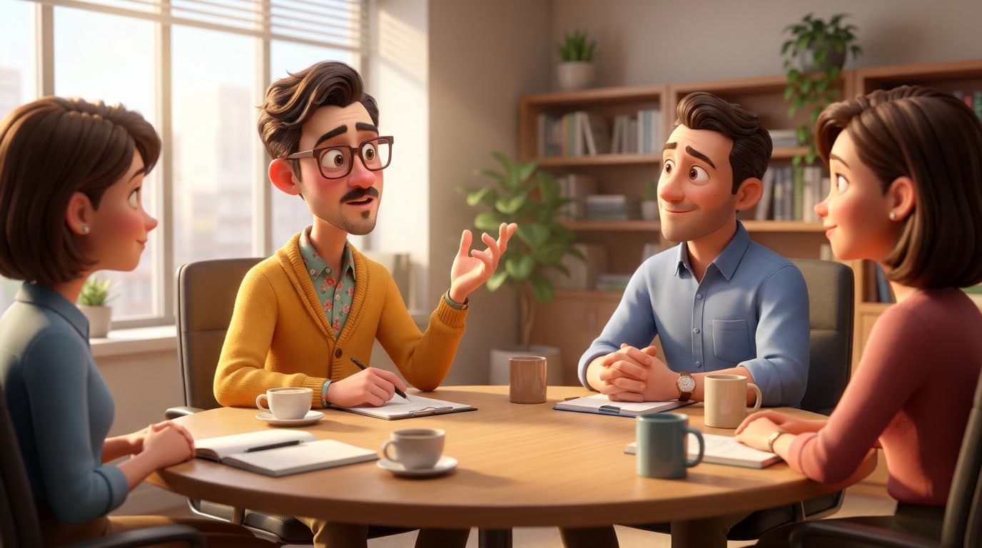 En mann forklarer med åpen hånd mens tre kolleger lytter ved et rundt møtebord med kaffekopper og notatbøker, i en illustrasjon.