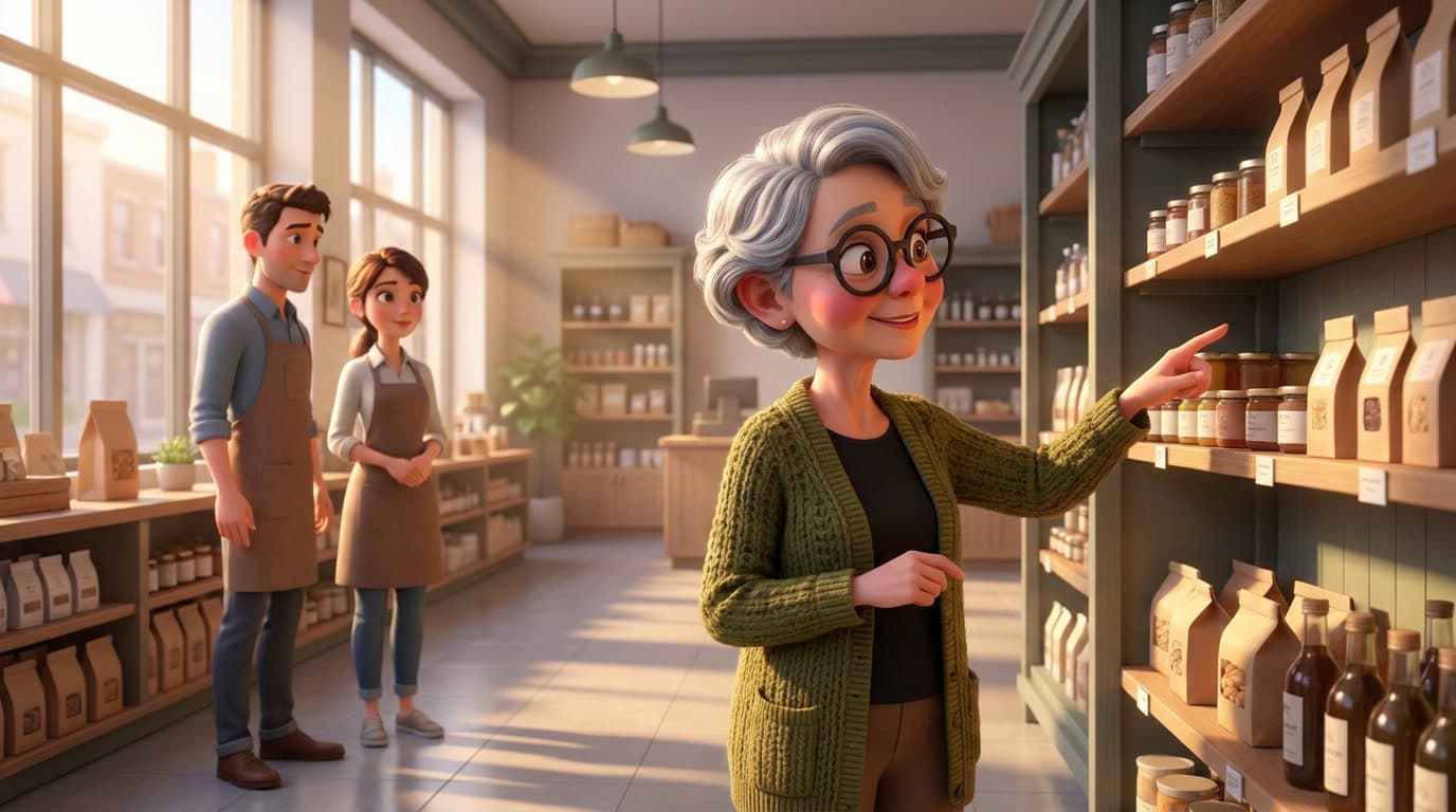 Butikkledelse: illustrasjon der en kvinne med briller peker mot varer i en hylle, mens to ansatte i forklær står og ser på i bakgrunnen.