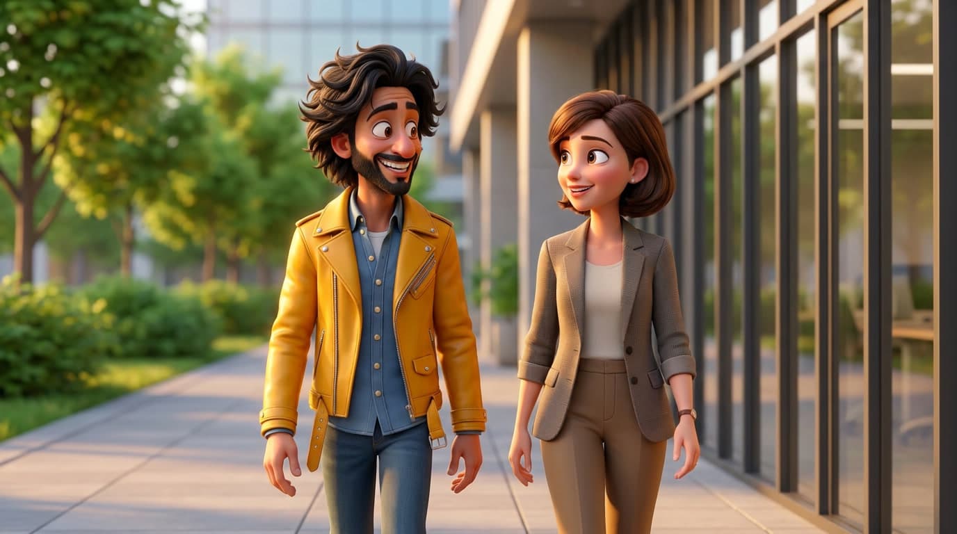 Motivasjon: illustrasjon der en mann i gul skinnjakke og en kvinne i beige blazer går smilende ved siden av hverandre og prater utenfor et kontorbygg.