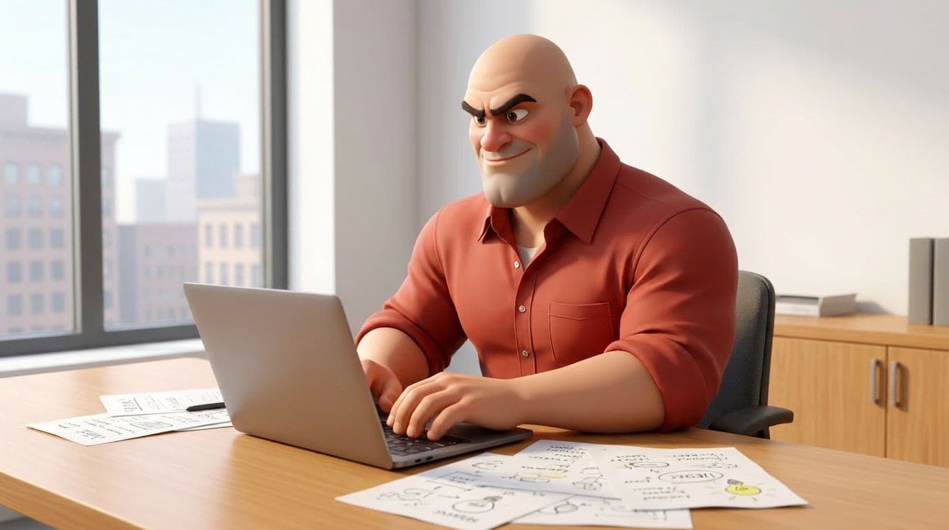 Inbound marketing: illustrasjon der en mann sitter ved et lyst kontorbord og skriver på en bærbar PC, omgitt av ark med skisser og idénotater.