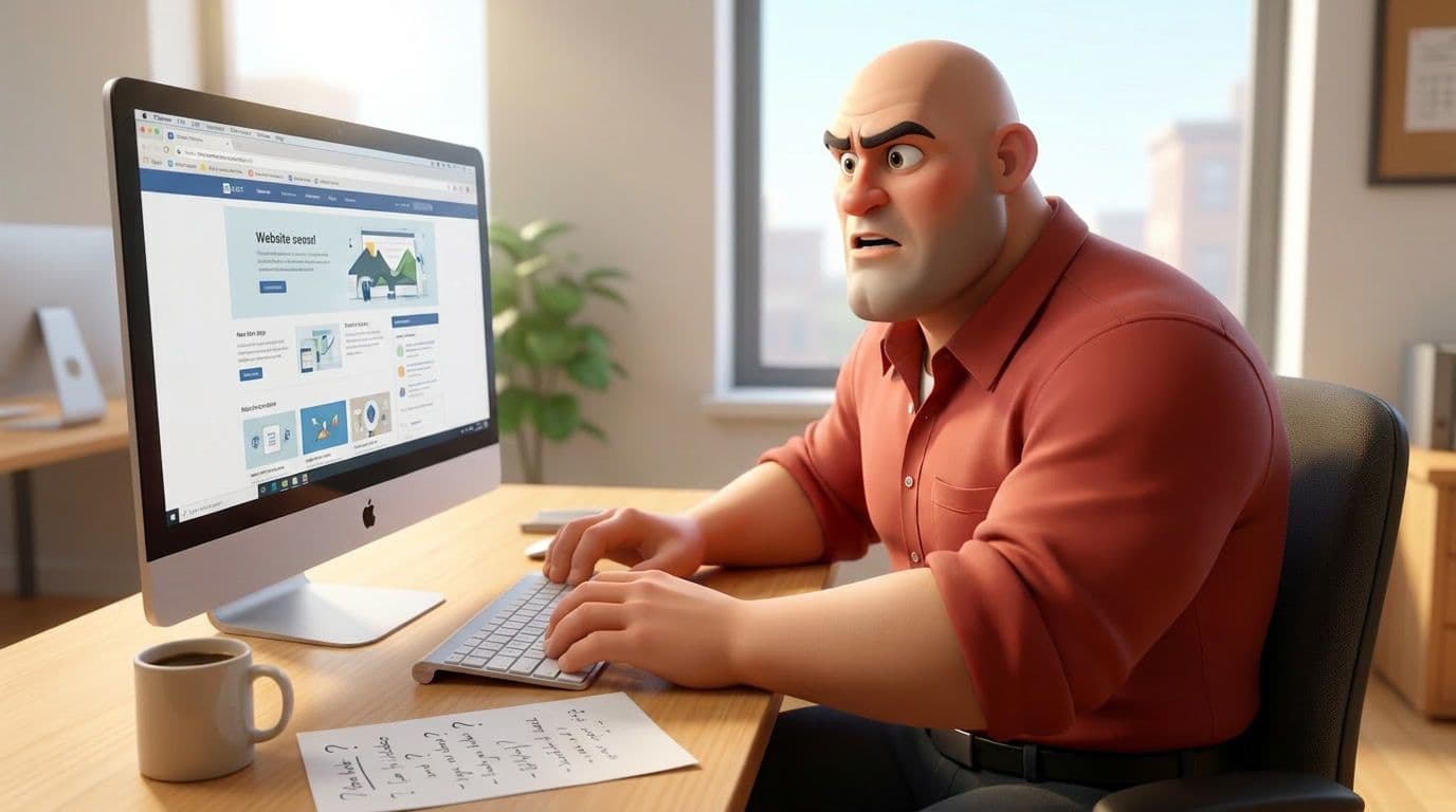SEO og AEO: illustrasjon der en mann sitter ved et skrivebord og ser oppgitt på en nettside på skjermen mens han skriver på tastaturet.