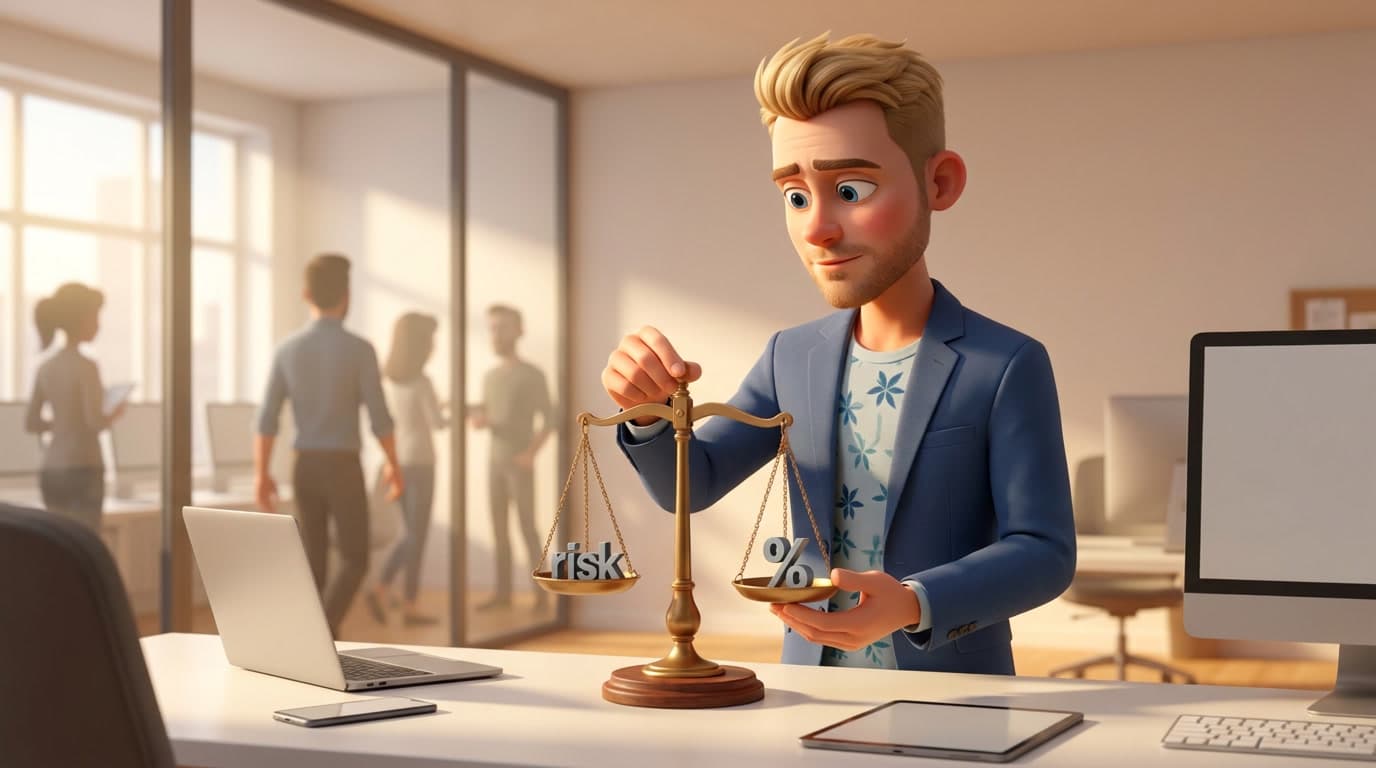 Risikovurdering: illustrasjon der en mann i blå blazer holder en liten skålvekt på et kontorbord, med ordet «risk» i den ene skålen og et prosenttegn i den andre.