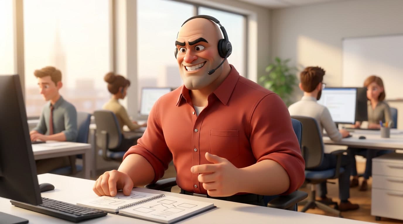 Smilende mann med headset peker mot siden ved en oppslått notatblokk med skisser, i en illustrasjon fra et lyst kontorlandskap med flere personer.