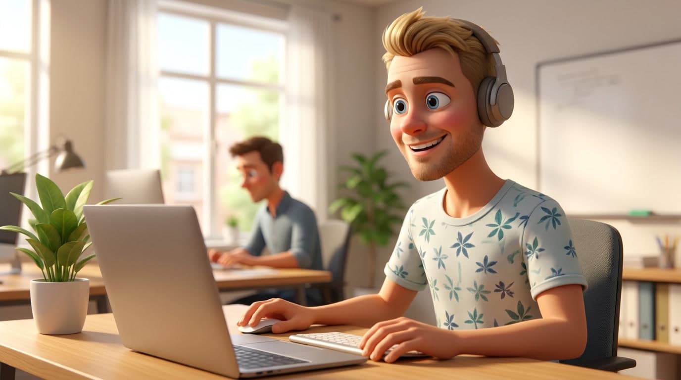 Kunstig intelligens i salg: illustrasjon der en smilende mann med hodetelefoner sitter ved en bærbar datamaskin på et lyst kontor, med en kollega i bakgrunnen.