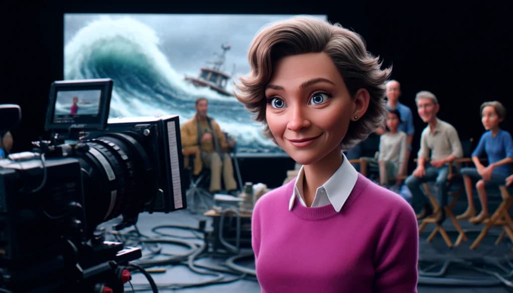 Salgs- og ledertrening: illustrasjon der en smilende kvinne står i et filmstudio foran et kamera, med en storm og en båt på storskjermen bak.