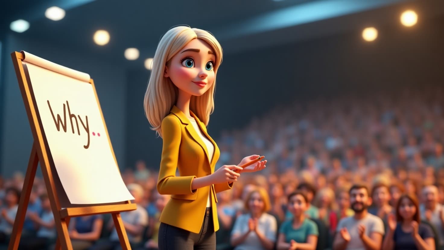 Presentasjonsteknikk: illustrasjon der en kvinne i gul blazer står ved en flippover med ordet «Why» og snakker til en full sal med publikum.