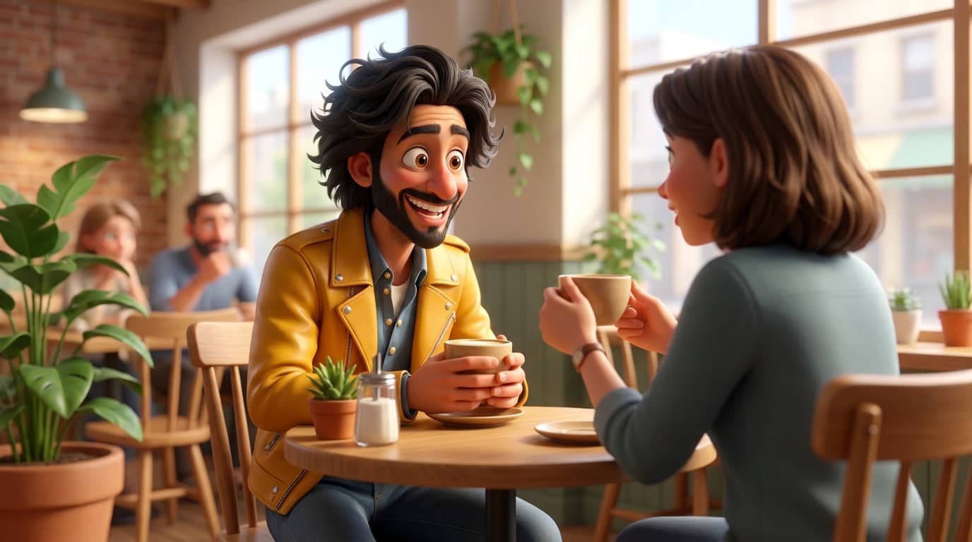 Rapport: illustrasjon der en mann i gul skinnjakke og en kvinne sitter med kaffekopper ved et kafébord i en engasjert samtale.