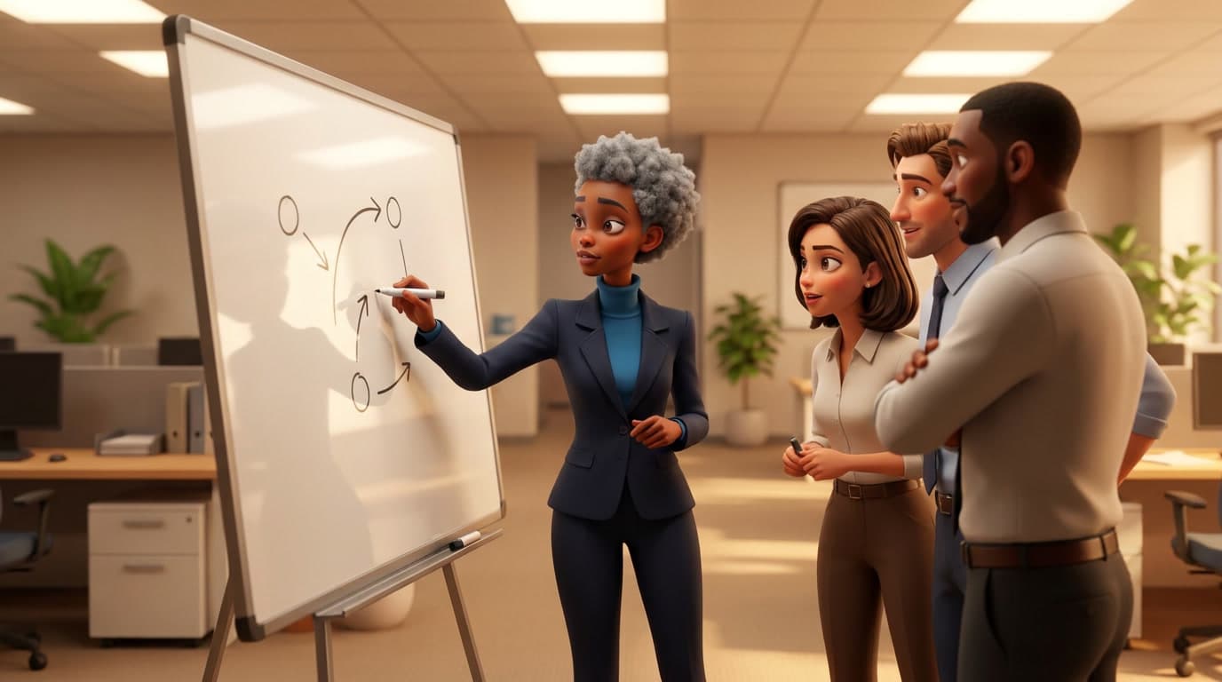 Sales playbook: illustrasjon der en kvinne tegner sirkler og piler på en whiteboard mens tre kolleger følger med i et åpent kontorlandskap.