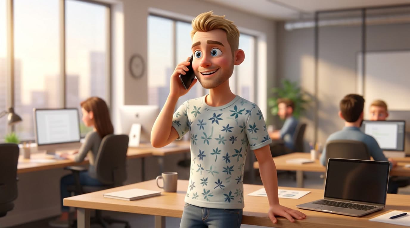 En smilende mann lener seg mot en pult og snakker i telefon mens kolleger jobber ved skjermer bak ham, i en illustrasjon fra et lyst kontor.
