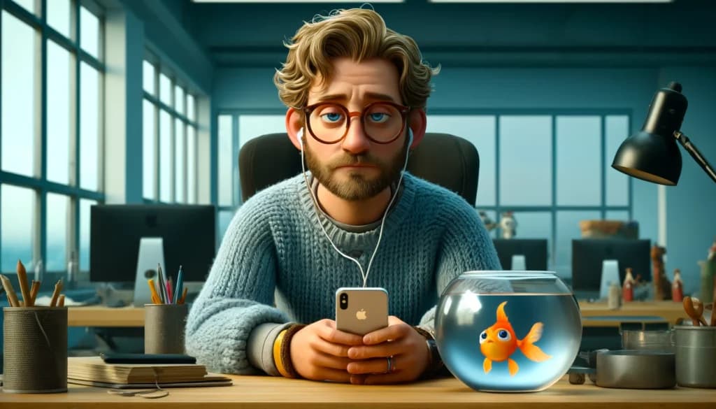 Smarttelefonbruk: illustrasjon der en mann med briller og øreplugger sitter ved en kontorpult og holder en mobiltelefon ved siden av en gullfiskbolle.