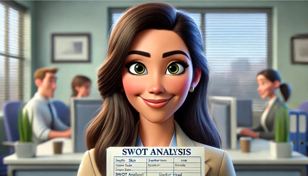 SWOT-analyse: illustrasjon der en kvinne i lyst jakkesett smiler mot betrakteren og holder opp et skjema med tabell, mens kolleger jobber ved skjermer i et kontorlandskap.