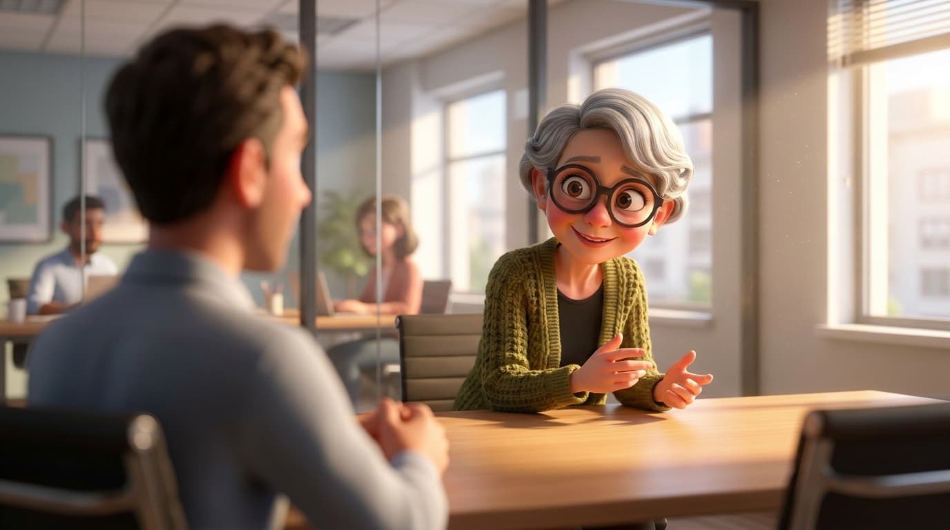 Salgssamtale: illustrasjon der en kvinne med briller og grønn strikkejakke snakker engasjert over et møtebord med en mann sett bakfra.