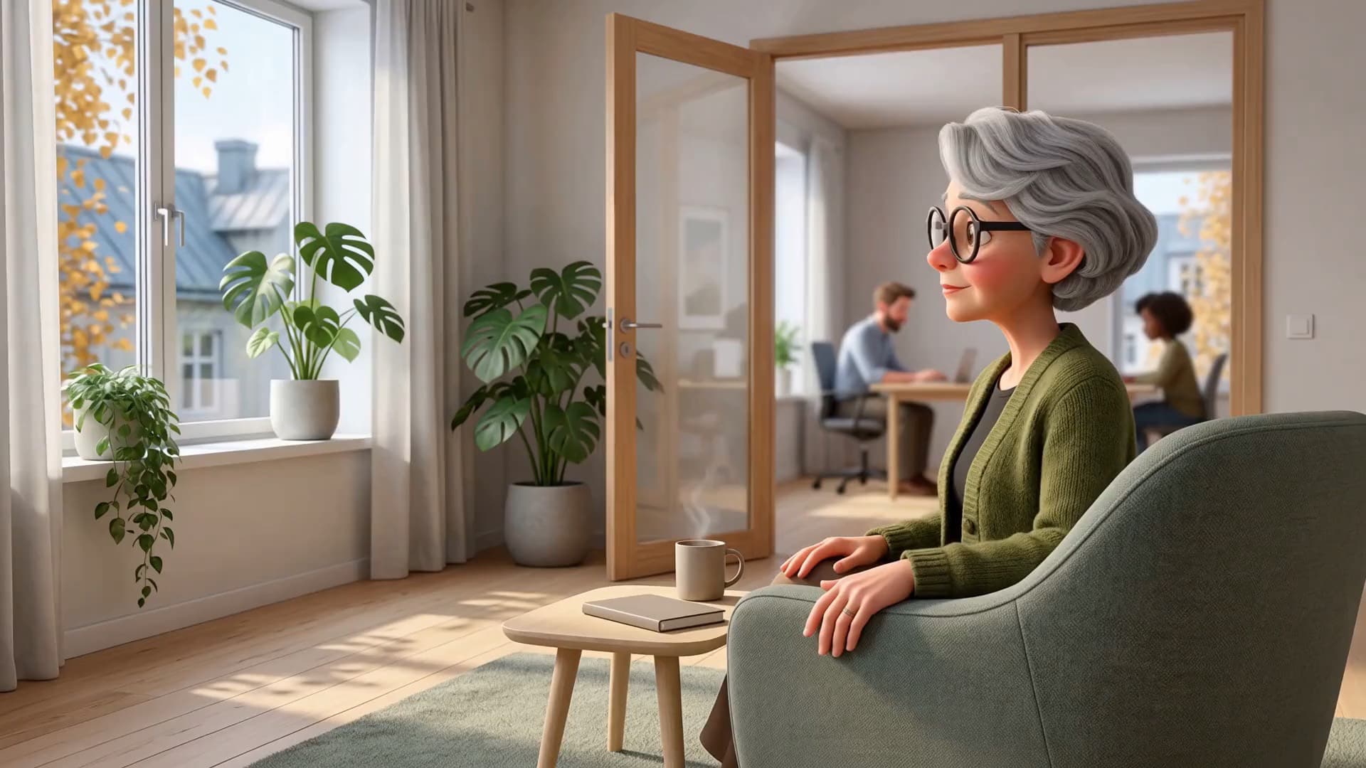 Kontakt TTI Group: animert film der en erfaren rådgiver i lenestol løfter blikket og smiler imøtekommende når noen kommer inn.