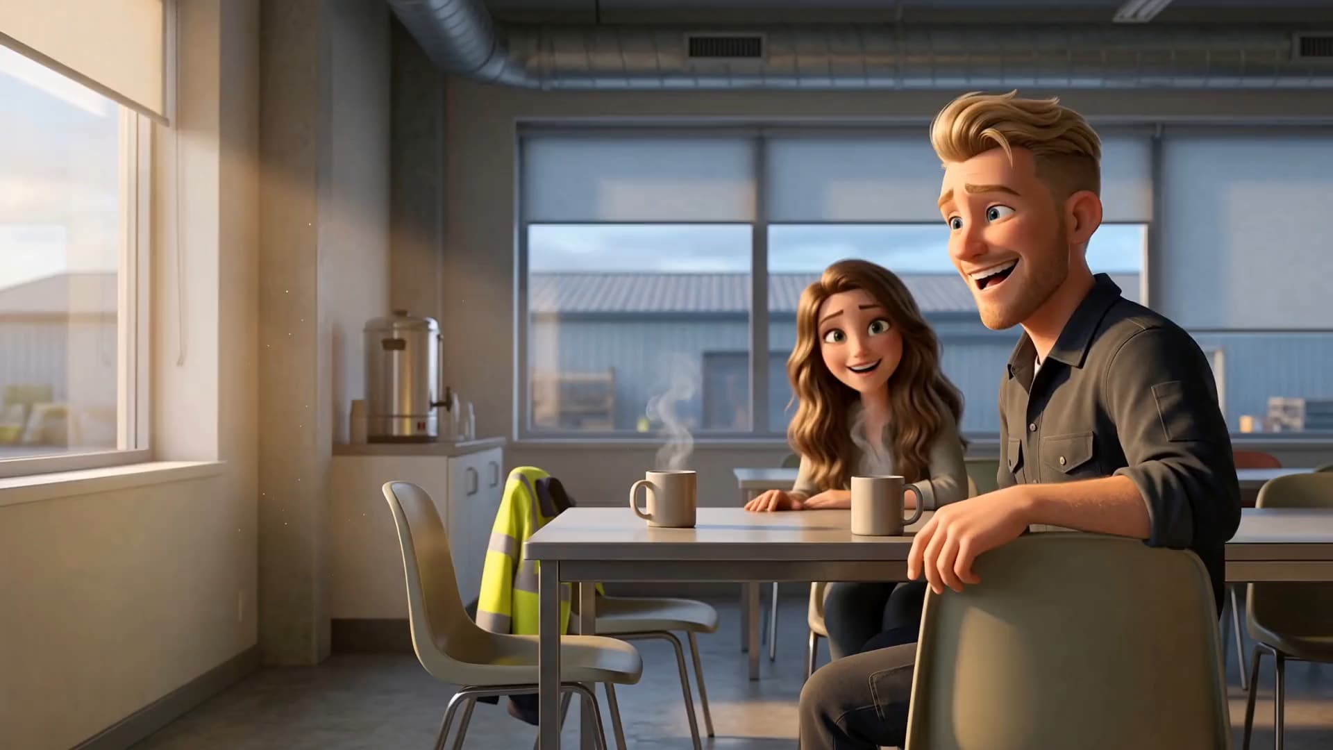 Fagmiljøet i TTI Group: animert film der to kolleger ler sammen over kaffekoppene i kantina, i lav ettermiddagssol.