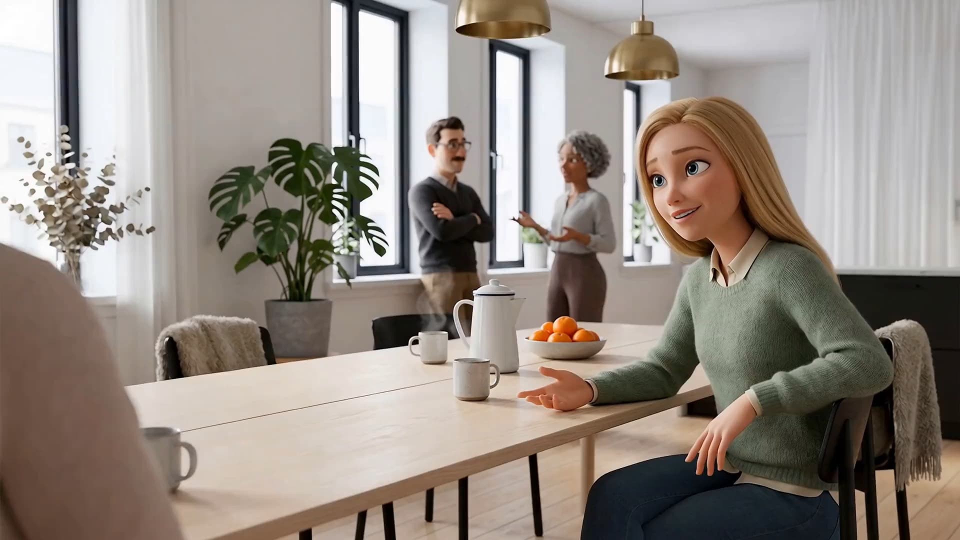Kundereferanser: animert film der en rådgiver sitter i samtale ved kjøkkenbordet på kontoret, med kolleger i prat bak.