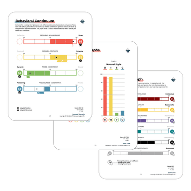 Tre sider fra en Talent Insights-rapport, med grafer for atferd og drivkrefter